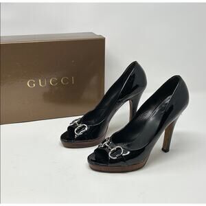 RARE GUCCI HORSEBIT Black Patent Leather Peep Toe Platform Pumps Vintage Size 9B